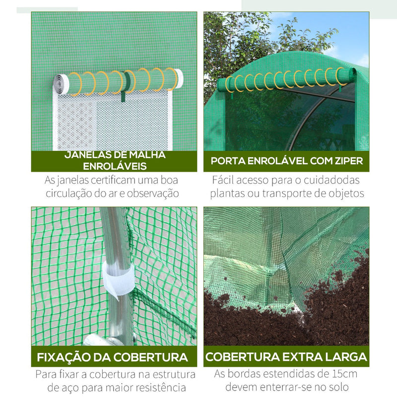 Estufa de Jardim 400x200x200cm Estufa de Túnel com Portas Enroláveis e 6 Janelas Cobertura de PE 140 g/m² Estrutura de Metal para Cultivo de Plantas Verduras Verde