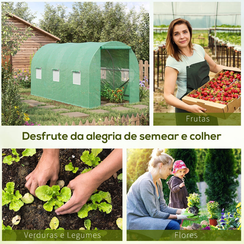 Estufa de Jardim 400x200x200cm Estufa de Túnel com Portas Enroláveis e 6 Janelas Cobertura de PE 140 g/m² Estrutura de Metal para Cultivo de Plantas Verduras Verde