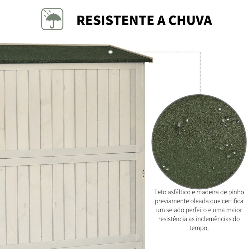 Abrigo de Jardim para Ferramentas Armário de Madeira para Exterior com Prateleira Dupla Porta Janelas e Teto Asfáltico 127,5x50x164cm Cinza