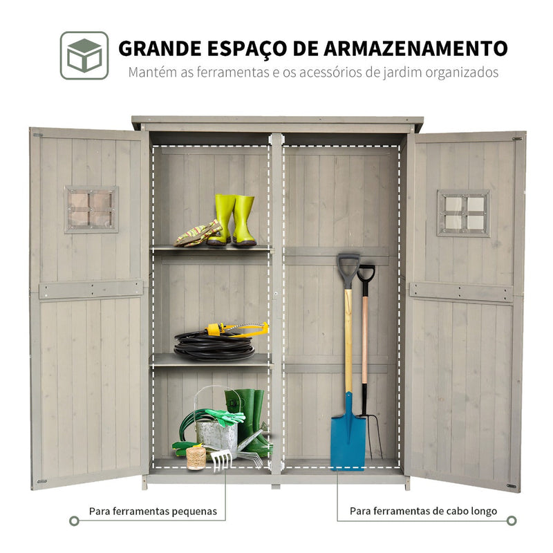 Abrigo de Jardim para Ferramentas Armário de Madeira para Exterior com Prateleira Dupla Porta Janelas e Teto Asfáltico 127,5x50x164cm Cinza