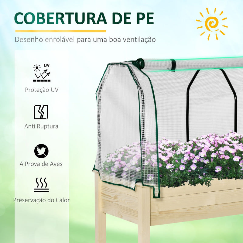 Horta Urbana Elevada de Madeira 121x55x117cm com Cobertura de Proteção Mesa de Jardinagem para Cultivo Flores Vegetais em Jardim Terraço Madeira Natural