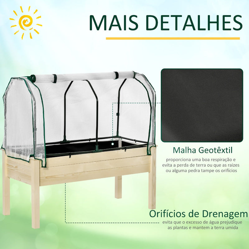 Horta Urbana Elevada de Madeira 121x55x117cm com Cobertura de Proteção Mesa de Jardinagem para Cultivo Flores Vegetais em Jardim Terraço Madeira Natural