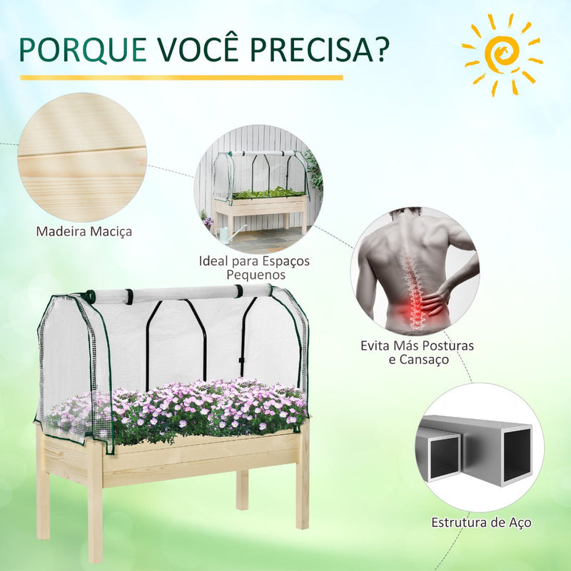 Horta Urbana Elevada de Madeira 121x55x117cm com Cobertura de Proteção Mesa de Jardinagem para Cultivo Flores Vegetais em Jardim Terraço Madeira Natural