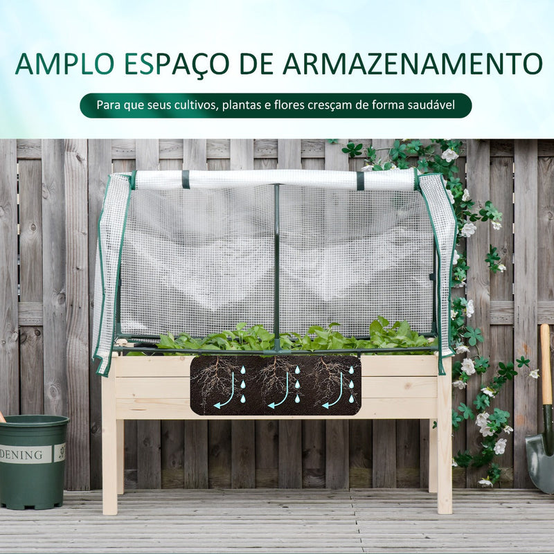 Horta Urbana Elevada de Madeira 121x55x117cm com Cobertura de Proteção Mesa de Jardinagem para Cultivo Flores Vegetais em Jardim Terraço Madeira Natural