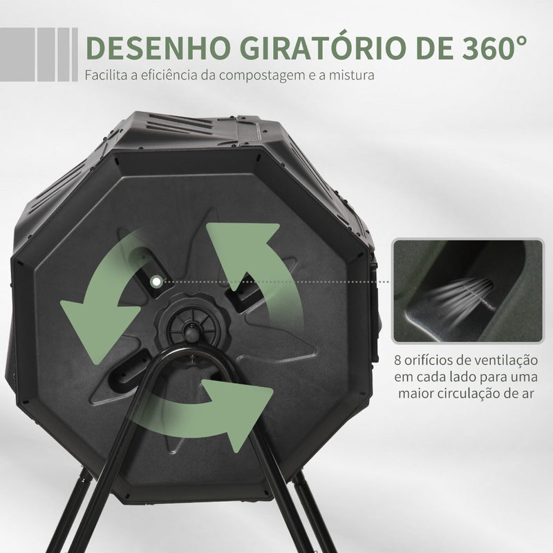 Compostor de Tambor Giratório com Capacidade de 160L de Dupla Câmera e Ventilação Estrutura de Aço para Resíduos Orgânicos de Jardim 71x64x92cm Preto