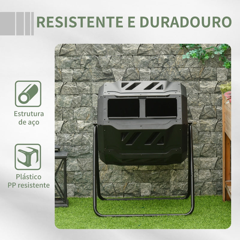 Compostor de Tambor Giratório com Capacidade de 160L de Dupla Câmera e Ventilação Estrutura de Aço para Resíduos Orgânicos de Jardim 71x64x92cm Preto