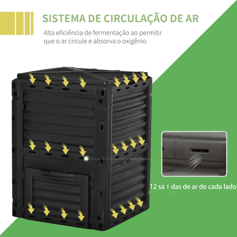 Compostor Orgânico de 300L de capacidade para a Produção de Fertilizante de Jardim com 48 Respiradouros 60,5x60,5x81,5cm Preto