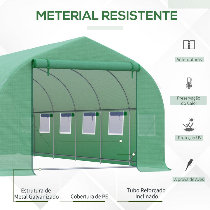 Estufa de Túnel 595x300x200cm Estufa de Jardim Grande com 12 Janelas e Porta Enrolável com Zíper para Cultivo de Plantas Verde