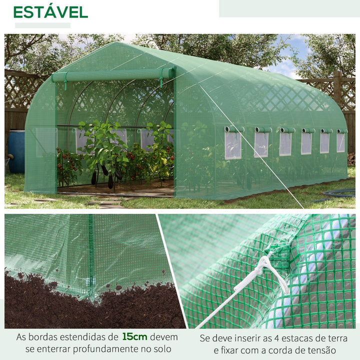 Estufa de Túnel 595x300x200cm Estufa de Jardim Grande com 12 Janelas e Porta Enrolável com Zíper para Cultivo de Plantas Verde