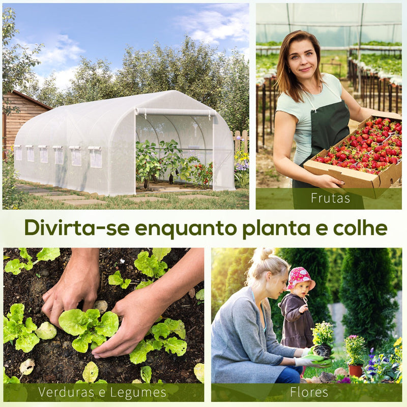 Estufa de Túnel 595x300x200cm Estufa de Jardim Grande com 12 Janelas e Porta Enrolável com Zíper para Cultivo de Plantas Branco