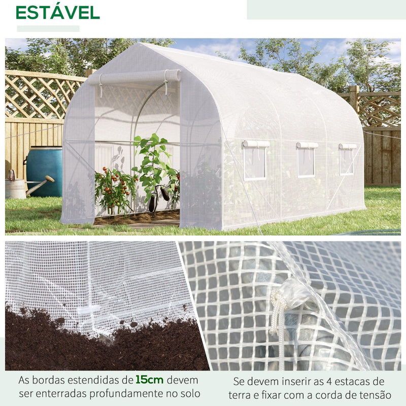 Estufa de Jardim 400x200x200cm Tipo Túnel com 6 Janelas Transpiráveis e Portas Enrolável com Zíper para Cultivo de Plantas e Verduras Branco