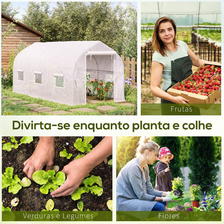 Estufa de Jardim 400x200x200cm Tipo Túnel com 6 Janelas Transpiráveis e Portas Enrolável com Zíper para Cultivo de Plantas e Verduras Branco