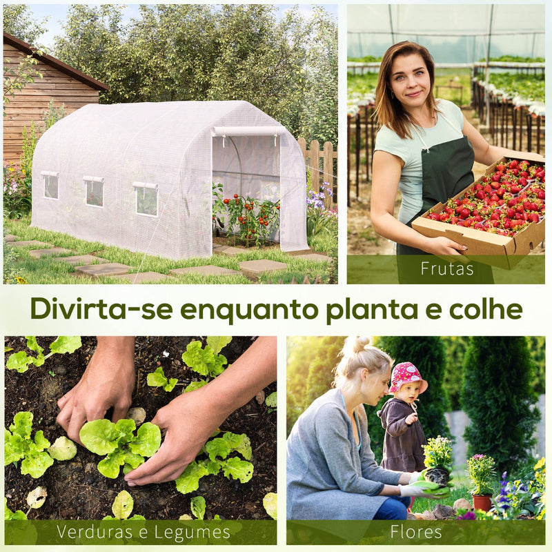 Estufa de Jardim 400x200x200cm Tipo Túnel com 6 Janelas Transpiráveis e Portas Enrolável com Zíper para Cultivo de Plantas e Verduras Branco