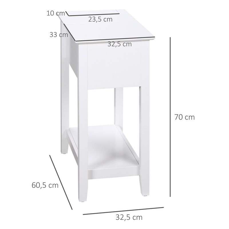 Mesa Auxiliar Mesa Lateral com Tampa Abatível Prateleira de Armazenamento e Orifício para Cabos Oculto para Sala de Estar Dormitório 60,5x32,5x70cm Branco