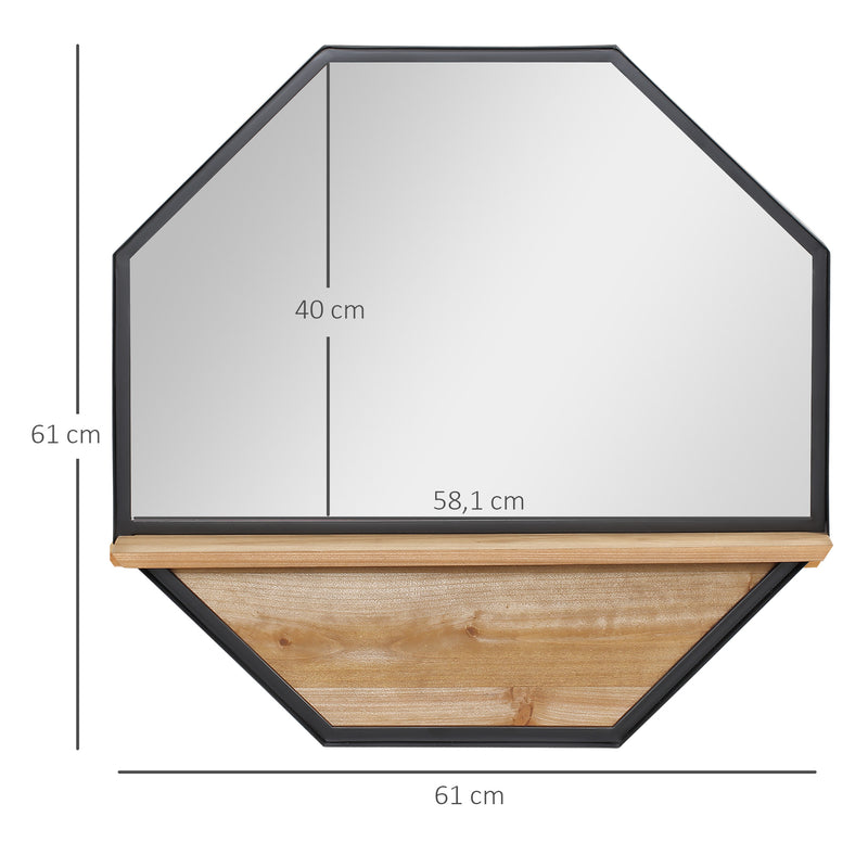 Espelho Decorativo de Parede 61x61cm Espelho Octógono com Prateleira de Armazenamento para Sala de Estar Dormitório Entrada Preto