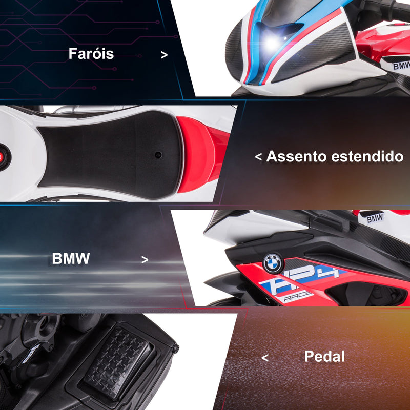 Mota Elétrica BMW HP4 para Crianças Acima de 18 Meses Mota de Bateria 6V com Música USB Velocidade 2,5km/h Avance e Retrocesso Carga Máxima 30kg 82,5x42x54cm Vermelha