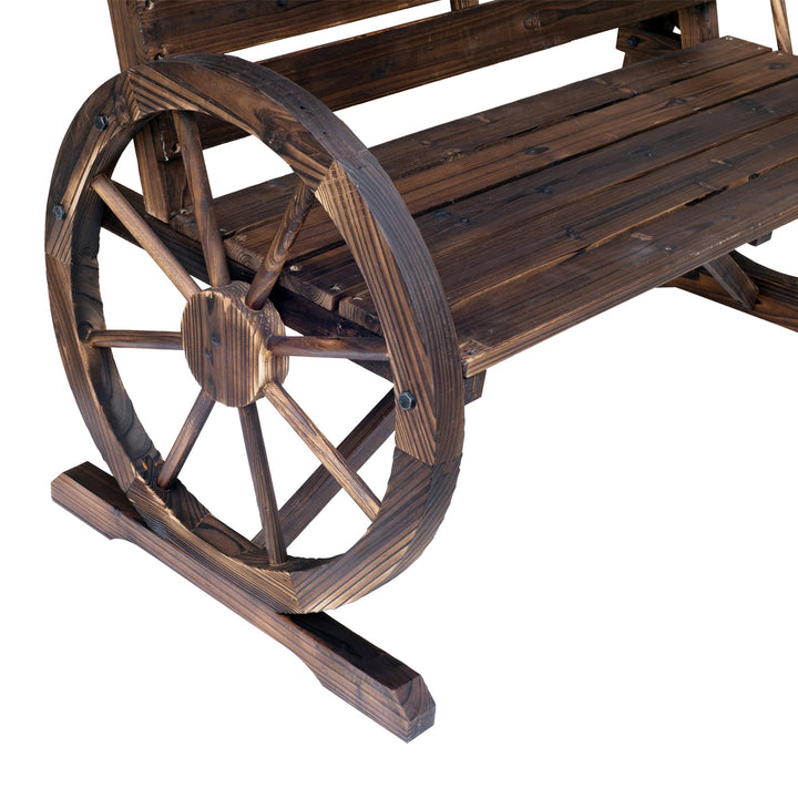 Banco de madeira ao ar livre com apoio de braços em forma de roda Vista envelhecida para varanda Terraço 105,5x56x75 cm Marrom rústico