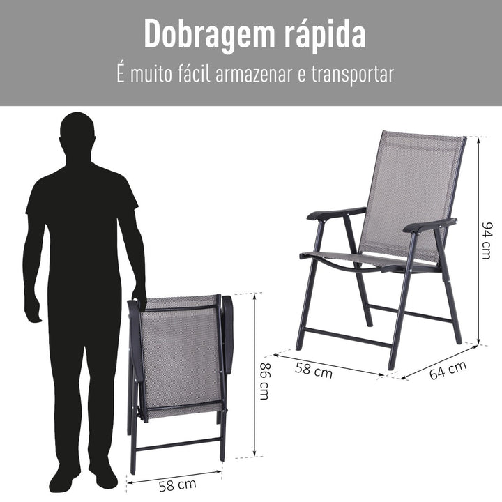 Conjunto de 2 cadeiras dobráveis para exterior Com braços Cadeiras para varandas Jardim Terraço 58x64x94 cm Cinzento Carga 100kg