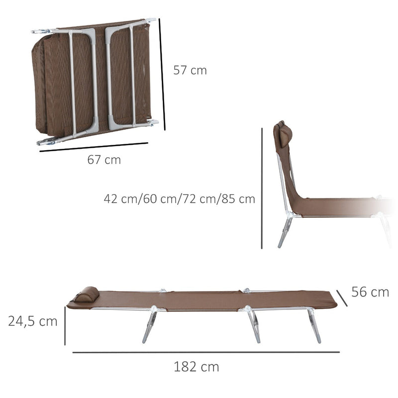 Espreguiçadeira dobrável e reclinável de jardim com apoio de cabeça e encosto ajustável em 5 níveis Tecido textilene respirável 182x56x24,5 cm marrom