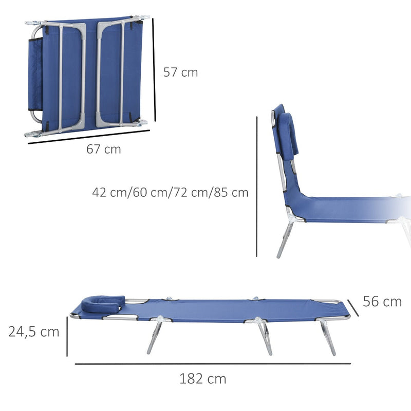 Espreguiçadeira de jardim reclinável e dobrável com orifício de leitura, apoio de cabeça e encosto ajustável em 5 níveis 182x56x24,5 cm Azul