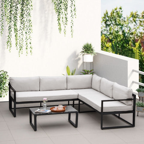 Conjunto de Móveis de Jardim 3 Peças de Alumínio com Mesa de Vidro Sofá de 2 Lugares e Sofá de 3 Lugares com Encosto Ajustável e Almofadas Removíveis 212x70x64cm Preto e Cinza