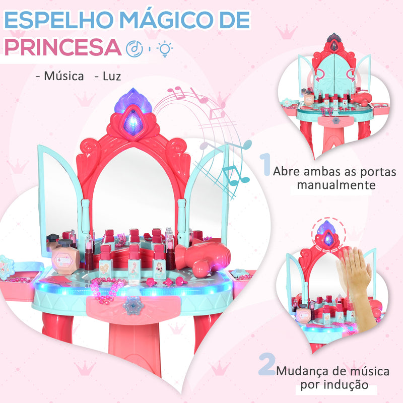 Toucador Infantil para Crianças acima de 3 Anos com Banco Espelho Luz Música e Secador Inclui 18 Acessórios Toucador de Maquilhagem 57x34x76cm Multicor