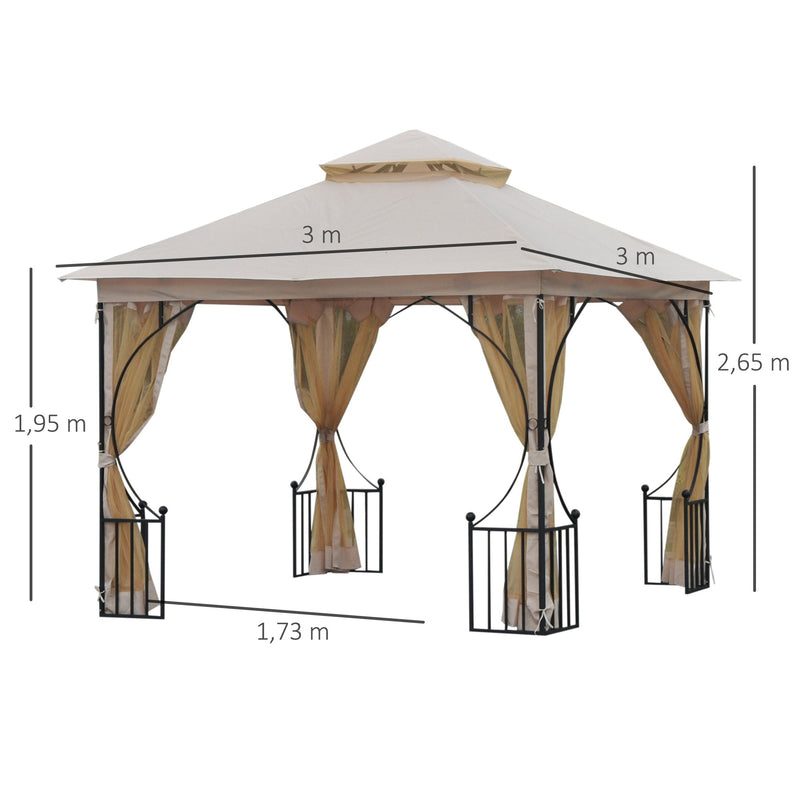 Pérgola de jardim 3x3m com 4 cortinas laterais com zíper e telhado duplo com 8 furos de drenagem bege