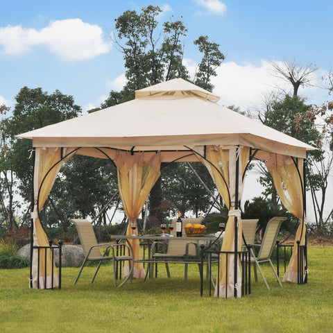 Pérgola de jardim 3x3m com 4 cortinas laterais com zíper e telhado duplo com 8 furos de drenagem bege