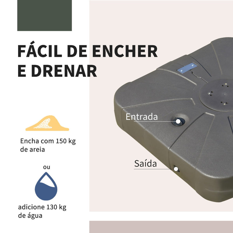 Base para guarda-sol recarregável com areia e água com 4 rodas Suporte metálico para jardim 88x88x19 cm marrom