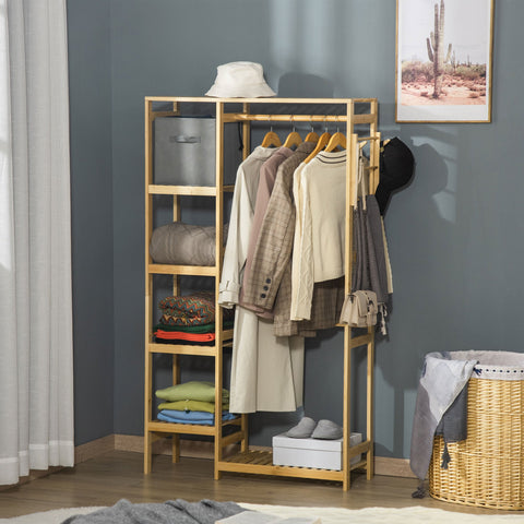 Charriot de Bambú Charriot de Pé com Prateleiras de 4 Níveis com Barra Prateleira Inferior e Cabide Lateral para Roupas Bolsas Dormitório 90x30x155cm Natural
