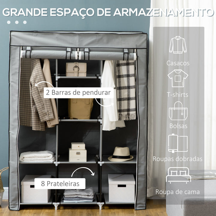 Roupeiro de Tecido Dobrável Armário Portátil com 8 Prateleiras de Armazenamento e 2 Barras de Pendurar Organizador de Roupa para Dormitório Vestidor 125x43x162,5cm Cinza Claro