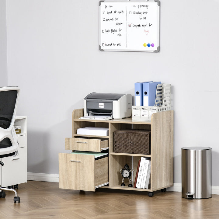 Armário para Impressora Armário Multifuncional de Escritório com 3 Compartimentos 2 Gavetas para Arquivos Prateleira Ajustável 2 Rodas com Freios 80x40x72cm Carvalho