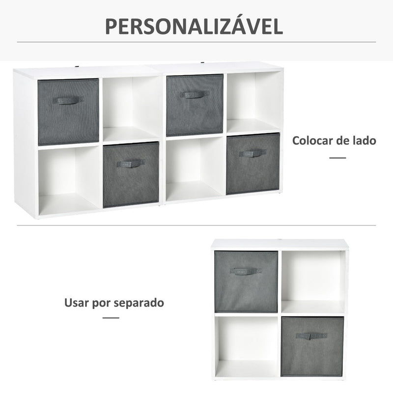 Estante para Livros de 4 Cubos Estante Modular com 2 Cestos Removíveis de TNT para Escritório Estúdio Dormitório 61,5x30x61,5cm Branco e Cinza