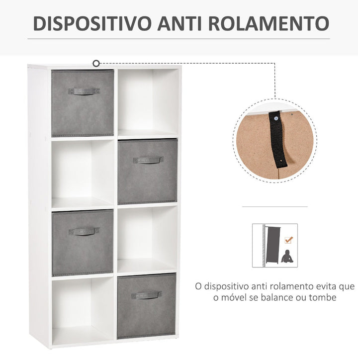 Estante para Livros de 8 Cubos Estante Modular com 4 Cestos Removíveis de TNT para Escritório Estúdio Dormitório 61,5x30x121,6cm Branco e Cinza