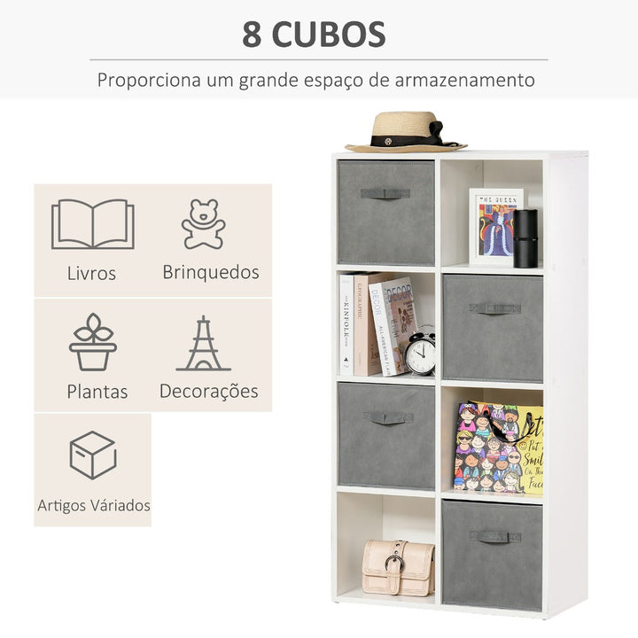 Estante para Livros de 8 Cubos Estante Modular com 4 Cestos Removíveis de TNT para Escritório Estúdio Dormitório 61,5x30x121,6cm Branco e Cinza