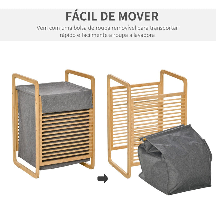 Cesto para Roupa Suja de Bambú Portátil com Tampa e Bolsa Removível Móvel de Casa de Banho 40x35,5x60,5cm Cor Natural e Cinza