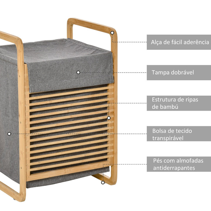 Cesto para Roupa Suja de Bambú Portátil com Tampa e Bolsa Removível Móvel de Casa de Banho 40x35,5x60,5cm Cor Natural e Cinza