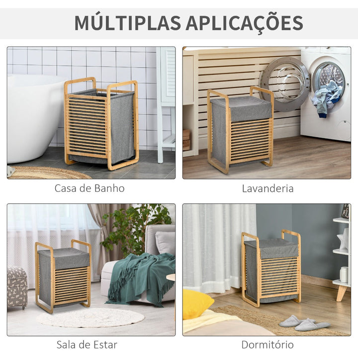 Cesto para Roupa Suja de Bambú Portátil com Tampa e Bolsa Removível Móvel de Casa de Banho 40x35,5x60,5cm Cor Natural e Cinza