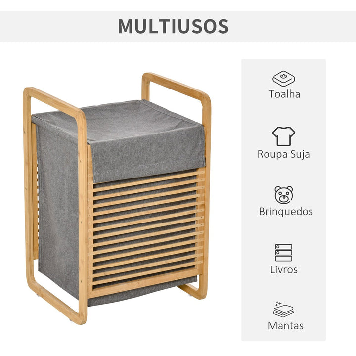 Cesto para Roupa Suja de Bambú Portátil com Tampa e Bolsa Removível Móvel de Casa de Banho 40x35,5x60,5cm Cor Natural e Cinza