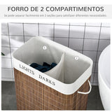 Cesto para Roupa Suja de Bambú Capacidade de 100L Cesta para Roupa Suja Retangular com Tampa Removível Bolsa com 2 Compartimentos 52x32x63cm Marrom