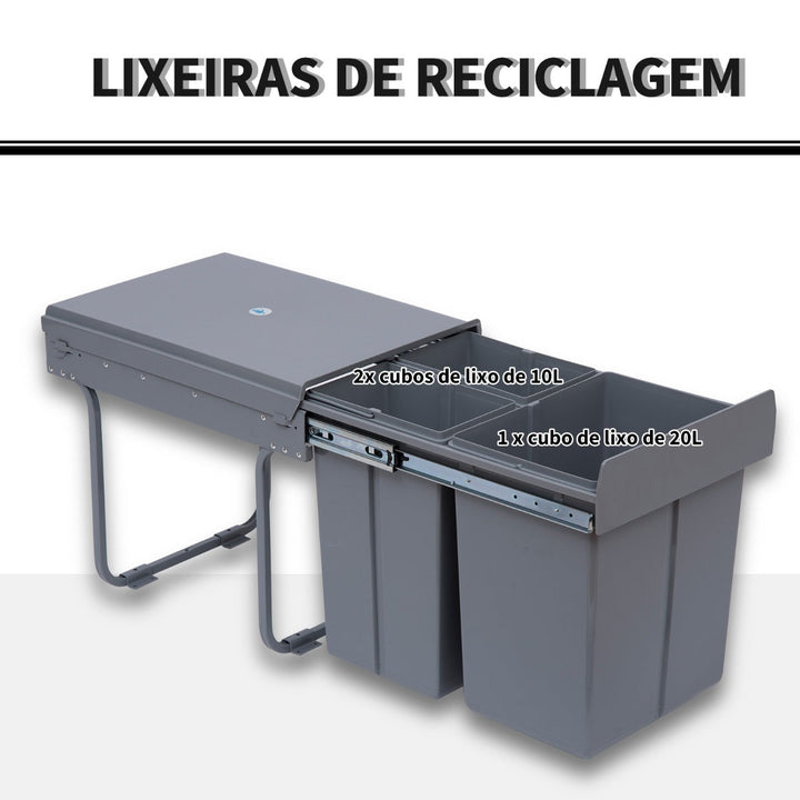 Cubos de Lixo para Cozinha com 3 recipientes de Reciclagem Removíveis 1x20L e 2x10L Metal e Plástico 48x34,2x41,8cm Cinza
