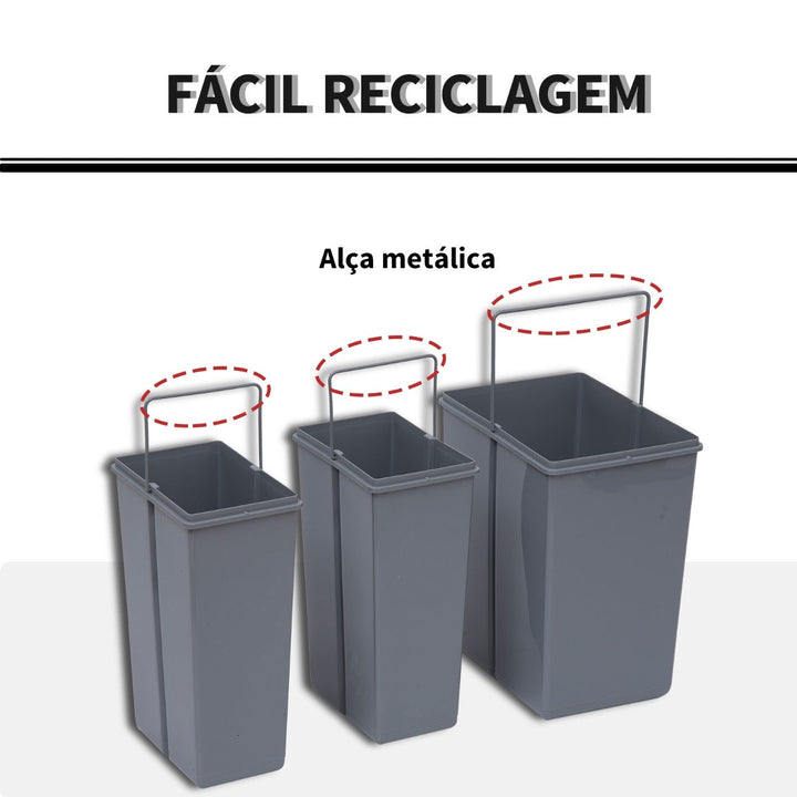 Cubos de Lixo para Cozinha com 3 recipientes de Reciclagem Removíveis 1x20L e 2x10L Metal e Plástico 48x34,2x41,8cm Cinza