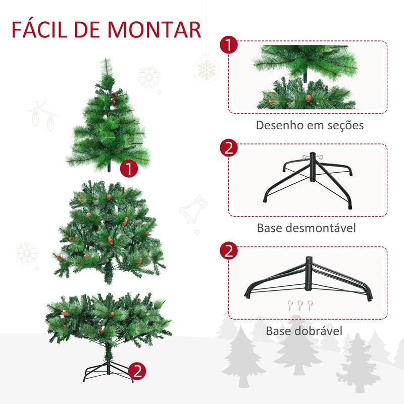 Árvore de Natal Artificial 180cm com 782 Ramos 56 Pinhas Folhas de PVC Base Dobrável e Suporte Metálico Decoração de Natal para Interiores Verde