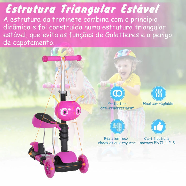 5 em 1 trotinete para crianças de acima de 1 ano 3 rodas trotinete com assento removível guiador ajustável 62x25x72,5 cm Rosa