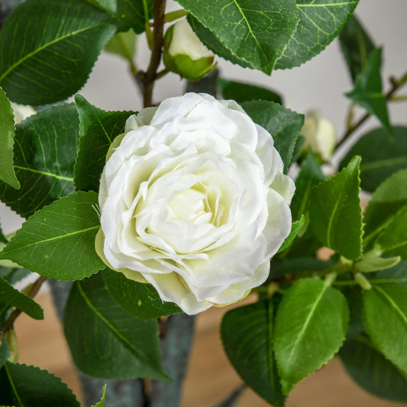 Camélia Artificial Planta Sintética de 150cm com Vaso de Cimento 285 Folhas Realistas e 25 Flores de Tecido Decoração para Casa Escritório e Exterior Verde