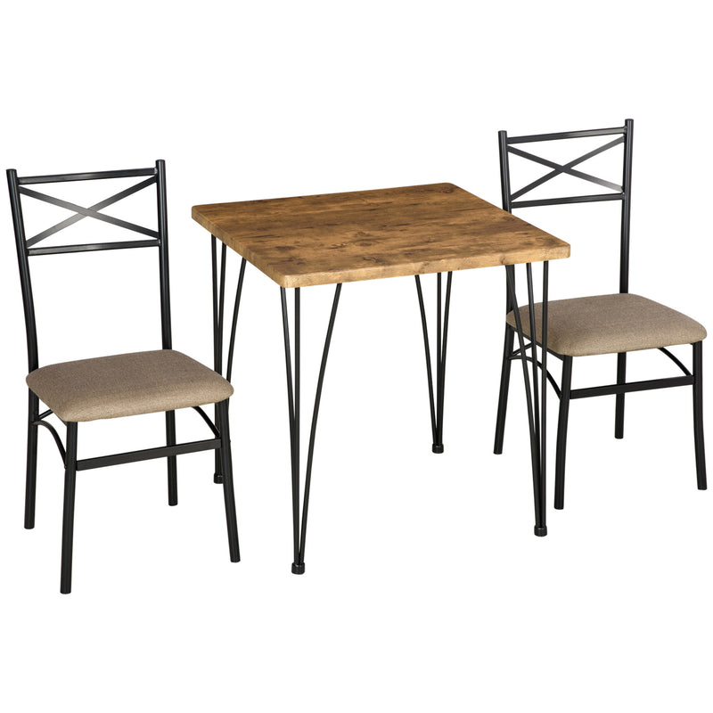 Conjunto de Sala de Jantar 3 Peças Conjunto 1 Mesa 74x74x76cm e 2 Cadeiras 42x50x91,5cm com Pés de Aço Estilo Moderno para Cozinha Marrom e Preto