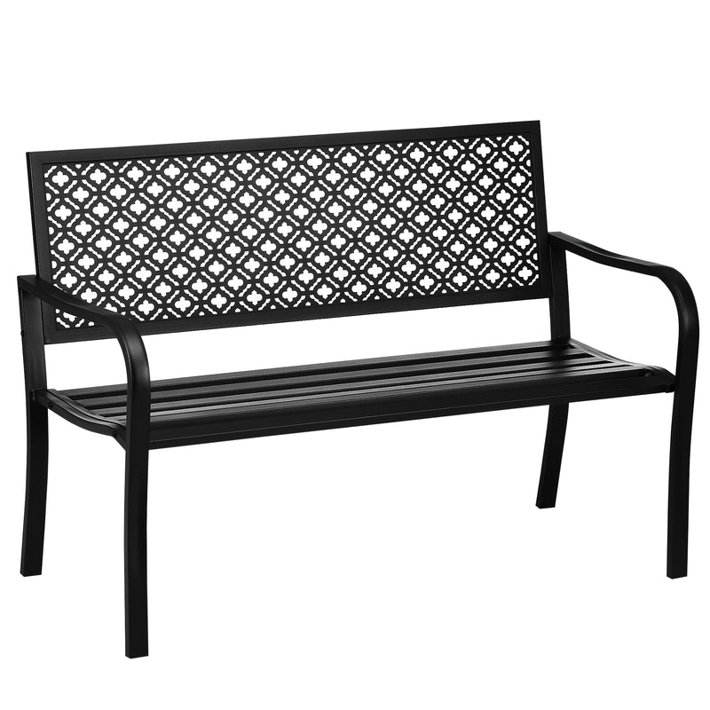 Banco de Jardim de Aço Banco de Exterior de 2 Lugares com Encosto Decorativo para Terraço Varanda Pátio Carga Máxima 240kg 127x63x83cm Preto