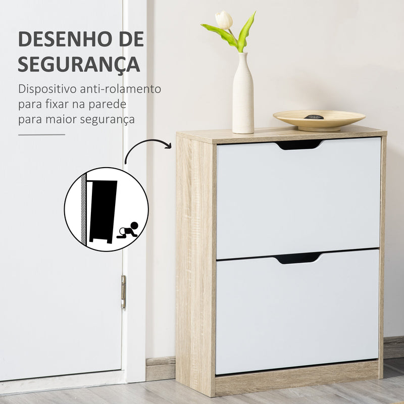 Armário para Sapatos Sapateira de Madeira com 2 Portas Abatíveis 4 Prateleiras de Armazenamento Capacidade 8 Pares de Sapatos para Entrada Corredor Dormitório 62,5x26x81cm Branco e Natural