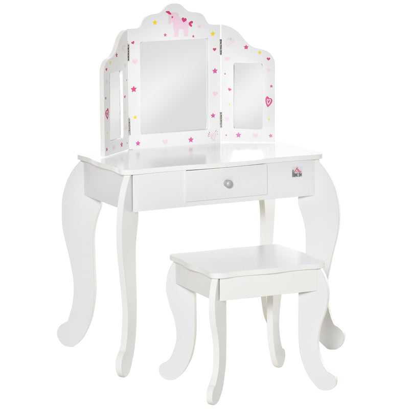 Toucador Infantil de Madeira com Banco e Espelho de Acrílico de 2 Sessões Mesa de Maquilhagem Infantil com Gaveta para Dormitório Sala de Jogos 63x40x85,5cm Branco