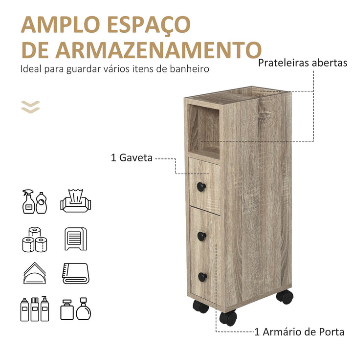 Gabinete de banheiro independente de projeto compacto com 2 gabinetes abertos, 1 gabinete de porta, 1 gaveta e 4 rodas giratórias, 18 x 30 x 68,5 cm cor de grão de carvalho